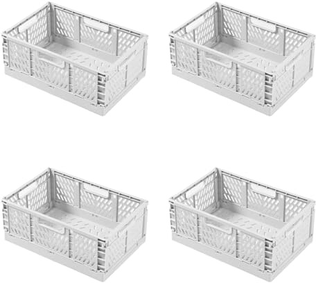 heqxwl 4 Stück Faltbare Kunststoff Aufbewahrungsbox, Einkaufskiste Klappbar, Stabil Klappboxen Faltbar für Küche, Büro, Schlafzimmer, Schrank, Schublade (Weiß, M)