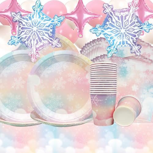Doyomtoy Schnee Geburtstag Deko,78 Stück Rosa Partygeschirr Geburtstagsteller Tassen Servietten Balloon Schneeflocken Geburtstag Party Set für Weihnachten Winter Wonderland Party Geschirr Dekoration