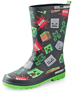 Minecraft Boys Wellington Boots | Kids Wellies with Creeper & Skeleton Character Face and TNT Block Graphic Print in Black | Water Resistant Rubber Boots for Children | Mojang Game Merchandise Gift
