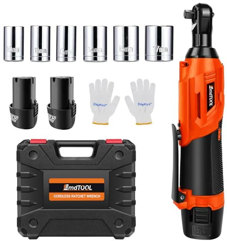 DayPlus Llave de carraca eléctrica de 12 V con 2 baterías de 1,5 Ah, batería de 40 Nm, llave de carraca de 3/8 Sq, 2300 RPM, juego de llaves de carraca eléctricas con 7 enchufes, bolsa de transporte,