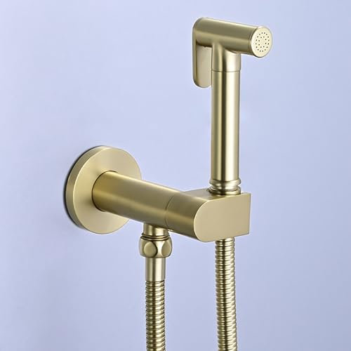 Kit Douchette WC Eau Chaude et Froide, Kit de Pulvérisateur de Bidet à Main Laiton Pulvérisateur de Toilette pour Bidet a Mural Kit de Bidet avec Support Intégré, Tuyau de Douche de 1,5M(Brushed Gold)