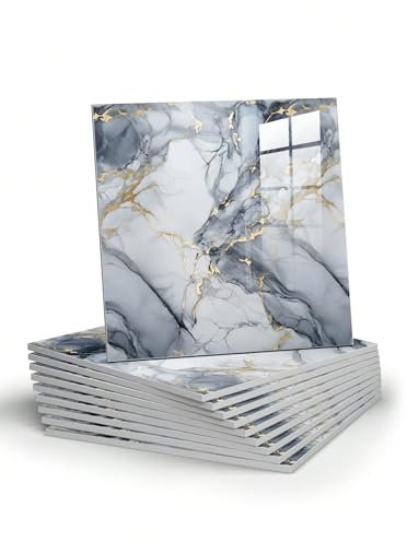 Chejiaye Lot de 10 panneaux muraux adhésifs effet marbre pour crédence de salle de bain, cuisine, étanches, carrelage autocollant, en mousse PVC, Bleu et doré (non carrelage véritable, 30 x 30 cm)