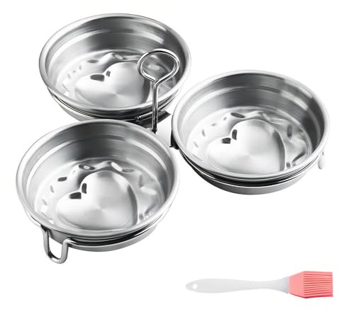 c en Acier Inoxydable 304, Anneaux de Cuiseur à Œufs Antiadhésif, 3 Coquetiers Pochés, avec Brosse à Huile pour Outil de Cuisine à Domicile (Ronde/Cœur)