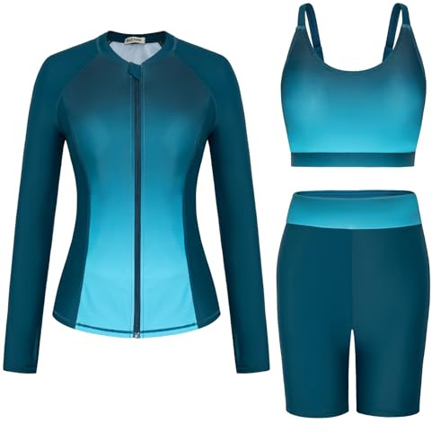 GRACE KARIN Women 3 Piece Rash Guard Zip Front Long Sleeve Surfing Swimsuit | Quick-dry Stretch Fabric, Removable Padded Bra, Long-sleeve 3-piece Set, Women tankini, Swimming Costume