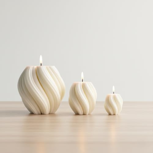 Luxus-Home 3er Set Wellenkerzen (L+M+S) - Handgemachte Sojawachskerze - Deko für Wohnzimmer - Spiral-Kerzen - Geschenke für Frauen - Geburtstage - Weiße Kerze - Elegante Dekoration - Weiße Kerze