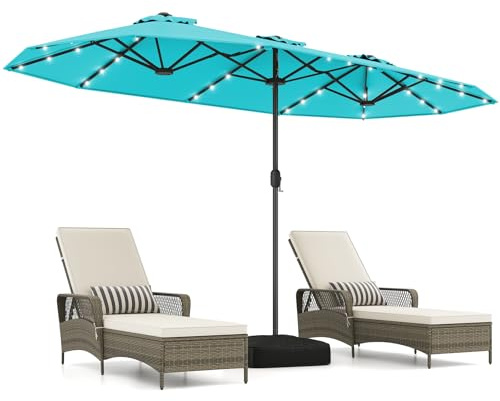 COSTWAY Doppelsonnenschirm mit Ständer und LED-Leuchten, 400 x 200 cm, Sonnenschirm Groß XXL, UPF 50+, Gartenschirm mit Kurbel, Terrassenschirm, Marktschirm für Garten, Terrasse & Pool (Türkis)