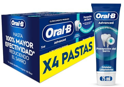 Oral-B Advanced Prevención Del Sarro Pasta De Dientes Con Flúor y Cristales De Limpieza, Pack 4x75ml, Dentífrico Con Sabor Hierbabuena Dulce, 75 ml (Paquete de 4)