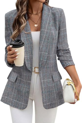ELLEVEN Womens Casual Plaid Blazer Shawl Collar Long Sleeve Boyfriend Blazer Suit Houndstooth Plaid Blazer Dressy Coat Jacket Business Work Office Blazer Suits Black Blue Plaid Medium