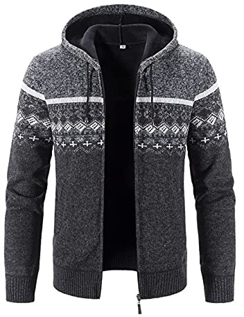 Nordisk stickad huvtröja för män – mönstrad jacka med huva, sherpa-fodrad tröja med Fair Isle-mönster, varm och snygg, Mörkgrått, L