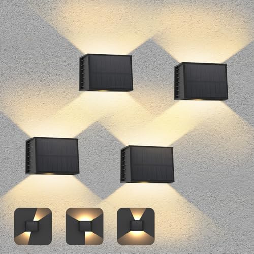 ILIKEPOW 4 Stück Solar Wandleuchten für Außen, 3000K Warmweiß Solar Wandlampe Aussen mit 240° Einstellbaren Abstrahlwinkel, IP65 Wasserdichte LED Solarlampen für Außen Wand Zaun Garten Stufen