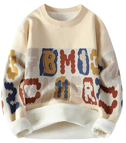 Generisch Maglione da uomo vintage stampato a maglia, spesso scollo rotondo, maglione invernale, vestibilità rilassata, maglione autunnale e invernale, beige., XL