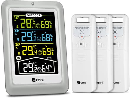 Termómetro inalámbrico para interiores y exteriores con 3 sensores, pantalla de 4.5 pulgadas, alcance de 100 m y retroiluminación Ajustable 02
