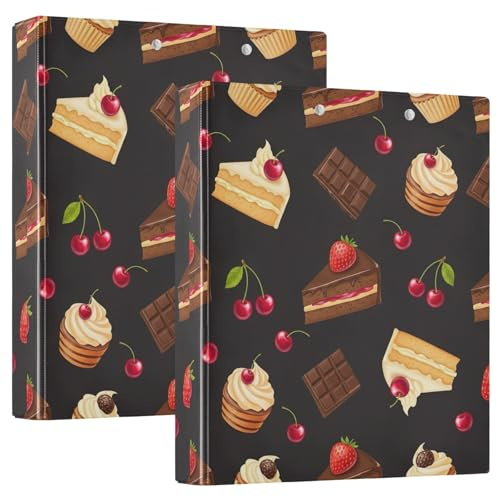 Raccoglitore a 3 anelli da 3,8 cm, con motivo torte in stile cartone animato, nero, con portablocco, 3 raccoglitori per scuola, università, ufficio