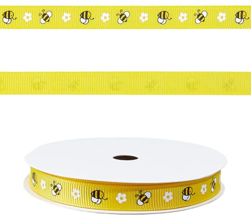 CABODYALS 9 m 10mm Bienenband Gelb Schwarz Ripsband Honigbienen Motiv Dünne Borte Frühlingsbienen Blumen Gänseblümchen Tiere Honigmuster Lehrerbänder Großpackung Für Geschenkverpackungen Dekoration DI