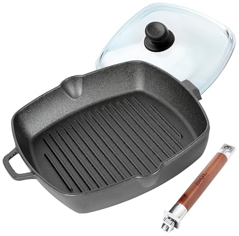 BIOL Poêle à steak grill en fonte avec un manche amovible en bois, tous feux dont induction, 26cm (Grill 26 cm + couvercle)