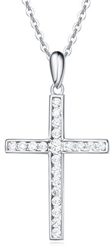 Carleen Damen Halskette mit Kreuz Christian Anhänger aus 925 Sterling Silber mit Zirconia - Verstellbar Kettenlänge: 40 + 5 cm
