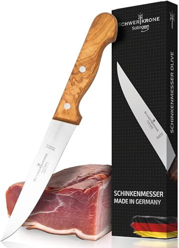 Schwertkrone Premium Schinkenmesser mit Olivenholzgriff - 15 cm Klinge - Vielseitig einsetzbares Stechmesser/Fleischmesser - Made in Solingen