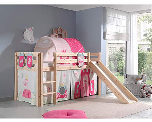 Spielbett inkl. Rutsche mit Textilset Vorhang, Tunnel & 3 TaschenPrinces, Kiefer Massiv Natur