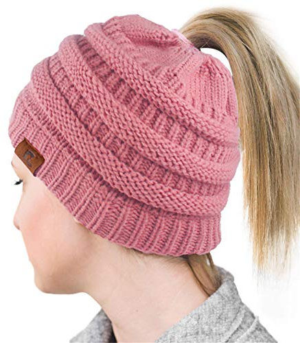 xwanli Damen Mädchen Mütze mit Loch für Pferdeschwanz | Gestrickte Strickmütze Wintermütze mit Zöpfen Loch