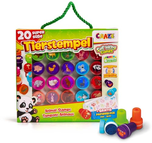 CRAZE Stempelkoffer 20 Stempel für Kinder Tiermotive Stempelset inkl. Papierblock im Koffer abwaschbar 17784