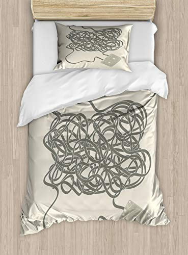 Ambesonne Retro Duvet Cover Set, Analogue Jumbled Mess of Old Music Cassette Tape Print, Decorative 2 Piece Bedding Set with 1 Pillow Sham, Twin Size, Eggshell Dark Eggshell