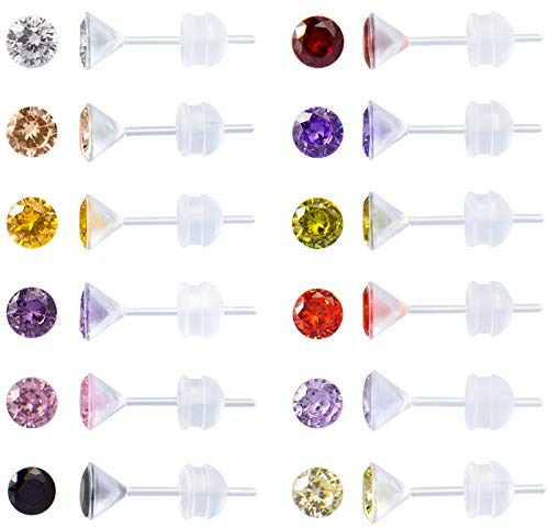 Lot de 12 paires de boucles d'oreilles en plastique pour oreilles sensibles, boucles d'oreilles en plastique pour femme avec pierre de naissance Zircon 2 mm, 3 mm, 4 mm, 5 mm