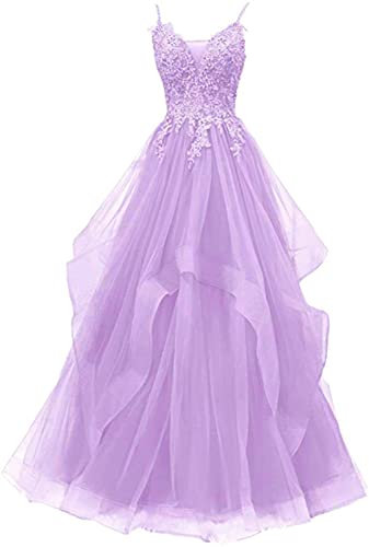 Xinaier Abito da donna con spalline in tulle lungo, formale, da sera, da ballo, da sposa, Vestito Cerimonia lilla. 54