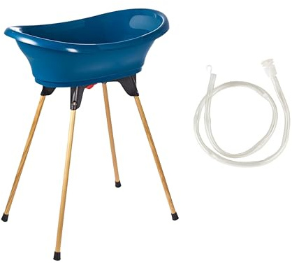 THERMOBABY - Kit Baignoire Bébé - Vasco - Baignoire, Pied En Bois & Tuyau De Vidange - Innovation Brevetée - Pliable & Stable - Peut Accueillir Un Transat De Bain - Fabriqué En France - Bleu Océan