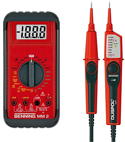 Benning MM 2 Digital-Multimeter (mit digitaler Anzeige, Max. Spannungsmessbereich DC 1000 V, inkl. Gummischutzrahmen, Tasche usw.) 44028 & Spannungsprüfer DUSPOL expert, 50262