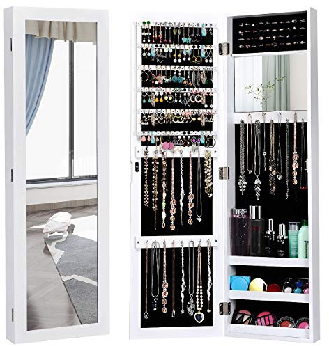 COSTWAY Jewellery Cabinet Armoire, Door Hanging/Wall Mounted Jewelry Organiser with Full Length Mirror and Built-in Makeup Mirror, Home Bedroom Dressing Cosmetics Jewellery Storage Unit Gift (White)