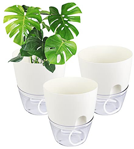 Relota 3 stücke Blumentopf Weiß 15.3cm Breite, Kräutertopf Plastik mit Selbstbewässerung und Wasserspeicher, Küchenkräuter Blumentopf mit Bewässerungssystem für Küche, Balkon, Schlafzimmer