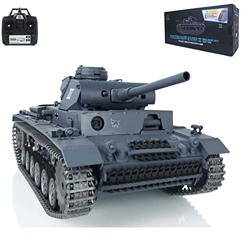 wheelfun Heng Long US auf Lager, RC Panzer 1/16 7.0 Customized Panzer III L RTR RC Panzer 3848 Metallschienen Räder 360°Turm Rotation BB Shooting Airsoft Tank BB Pellets Leerlaufrauchen Generator Tank
