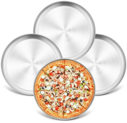HaWare Set di 4 teglie per pizza, in acciaio inox, rotonde, per pizza, 26 cm, per forno, sane e durevoli, facili da pulire e lavabili in lavastoviglie