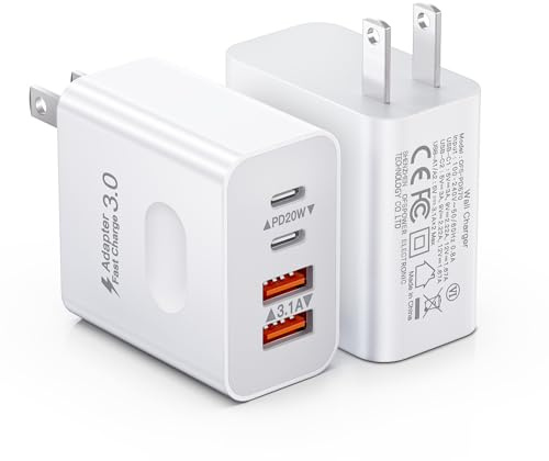 [2-Pack] USB C Wall Charger, 40W 4-Port Fast Charging Block USB C Charger Dual USBC Power Adapter + QC Wall Plug Multiport Brick Type C Block for iPhone 17 16 15 14 13 12 11 Pro Max, iPad, Samsung