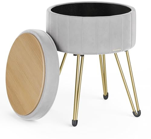 SONGMICS Runder Sitzhocker, Hocker mit Stauraum, Samt Schminktisch Hocker, 39 cm d, 44,4 cm H, 4 Metallbeine, für Ankleidezimmer, Wohnzimmer, Schlafzimmer, Taubengrau LOM003G02
