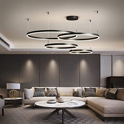 LED Pendellampe Wohnzimmerlampe Moderne Groß Ring Pendelleuchte Dimmbar Mit Fernbedienung Kronleuchter Metall Acryl Hängelampe Esstischlampe Schlafzimmer Deckenleuchte Schwarz 4-Rings 40+60+80+100CM