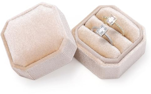 Sightor Velvet Ring Box, Octagon Velvet Jewelry Ring Box Storage 2 Slots Ring Holder Box for Proposal, Engagement, Wedding Ceremony (Champagne)