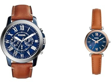 Fossil Grant Uhr für Herren, Quarz-Chronographenwerk, mit Edelstahl- oder Lederarmband, Braun, 44MM & Damenuhr Carlie Mini, Quarzwerk, 28mm Silbernes Edelstahlgehäuse mit Lederarmband, ES4701
