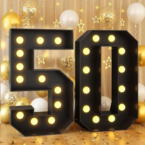 120cm-4ft Number 50 Decor Light Up Number for Birthday, Black Marquee Light Up Mosaic Pre-cut Foam Board Set for Balloons, Warm White Numbers Lamp Sign for Party