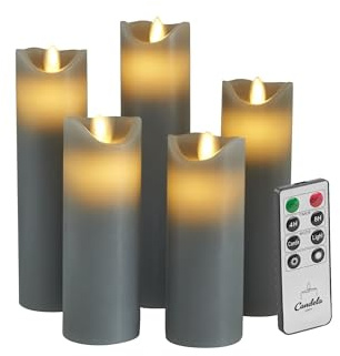 LC Home Candela Lights LED Kerzen Set Stumpenkerze Echtwachs mit Fernbedienung Timer Funktion & mehrstufig dimmbar bewegliche Flamme Echtwachskerzen (Grau, 5er Set)