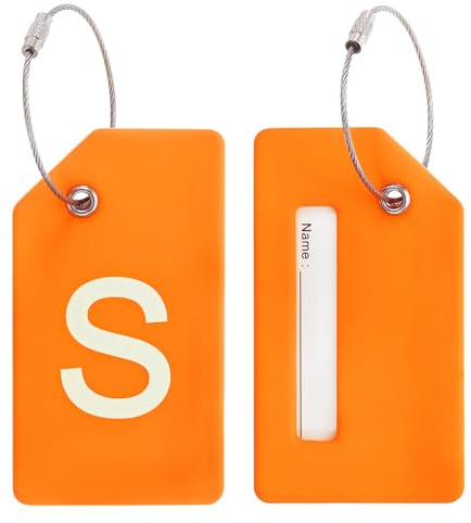 PATIKIL 2 Stück Kofferanhänger Flugreise Koffer Namensanhänger Tags mit Namensschild Adressschild Datenschutz Silkon Gepäckanhänger für Kreuzfahrten Reisetasche, Orange Buchstabe S