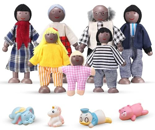 XSYKJGS Puppenhaus Puppen 11 Stück Hölzerne Puppenfamilie für Puppenhaus, Biegepuppen mit Blaues Elefantenbaby, Einhorn, Blaukappen Ente und Rosa Bär für Puppenhaus Zubehör Geschenk
