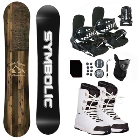 Symbolic Freedom Airtracks Men Snowboard & Bindings & Boots & Leash & Stomp & Gaiter Complete System Package Freeride Freestyle (130 cm, 5.5 Men/Kid(Eu37) at White+BLK Bindg)