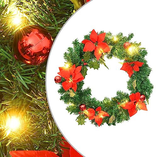 Homgoday Weihnachtskranz mit LED-Lichtern, PVC, grün, 60 cm, Weihnachtsgirlande an der Haustür, hängende Weihnachtsdekorationen, Dekoration für Kamine, Türen und Fenster warten