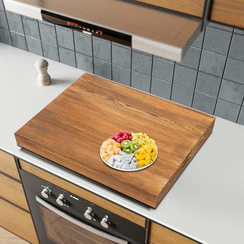 Wood Stove Top Covers Board, Noodle Board Stove Covers with Handles, Space-saving Wooden Gas Stove Cover Board, Wooden Stove Cover for Gas Burner & Electric Stove (Log Color, 29.4 * 22 * 2.5in)