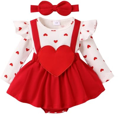 Geagodelia Baby Girl Valentine's Outfit Heart Print Long Sleeve Romper Dress My First Valentines Day Baby Outfit with Headband (White, 3-6 Months)