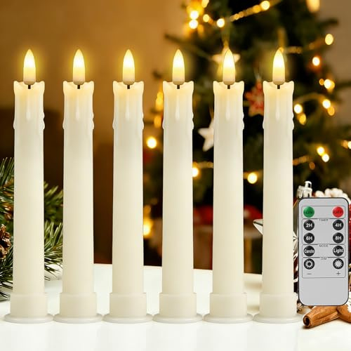 wiipara Flackernde LED Stabkerzen mit Timerfunktion, 6 Stück 17cm Elfenbein | Mit Fernbedienung & Sockel, Flammenlose Tropfwachs LED Kerzen für Weihnachten Hochzeiten Heimdekoration, Tropfeneffekt