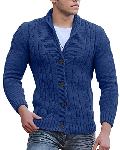 Cardigan Homme Boutons col châle Casual Pull Hiver Chaud Tricot torsadé Coupe ajustée Leger Pulls col v Grande Taille Manche Longue épais Pullover Basic Couleur Unie Quotidien Ideal Manteau (Blue, M)