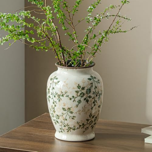 Vase à fleurs en céramique pour la décoration de la maison, vase décoratif vert vintage 8 pouces | Vase de fleurs de ferme rustique pour centre de mariage, salon, cuisine, table basse, manteau, bibliothèque, entrée