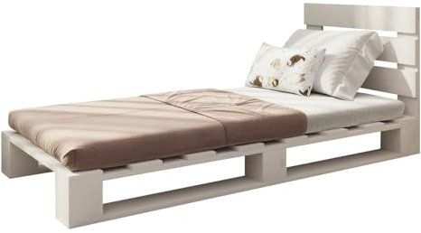Lermowood Palettenbett M1 aus Holz 100 x 200 cm Weiß mit Kopfteil Holzbett 20cm Stabiles Seniorenbett Kinderbett Jugendbett Gästebett erhöhtes Einzelbett Bettgestell Futon Komforthöhe Naturholz